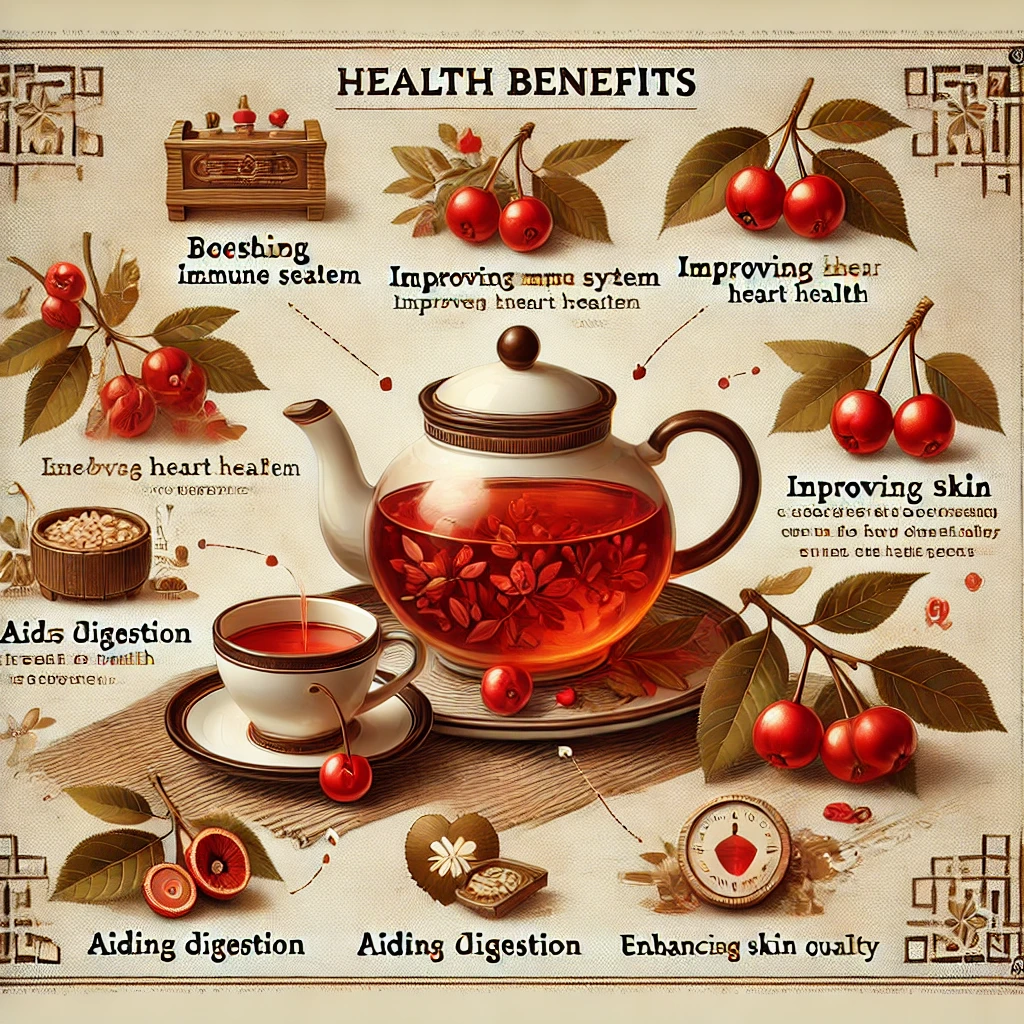 DALL·E 2024 08 07 14.56.23 An informative and artistic image showcasing the health benefits of Cornelian Cherry tea a traditional health drink. The image should include labeled