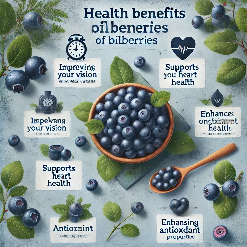 DALL·E 2024 08 07 15.01.45 An informative and artistic image showcasing the health benefits of bilberries. The image should include labeled sections that highlight key benefits