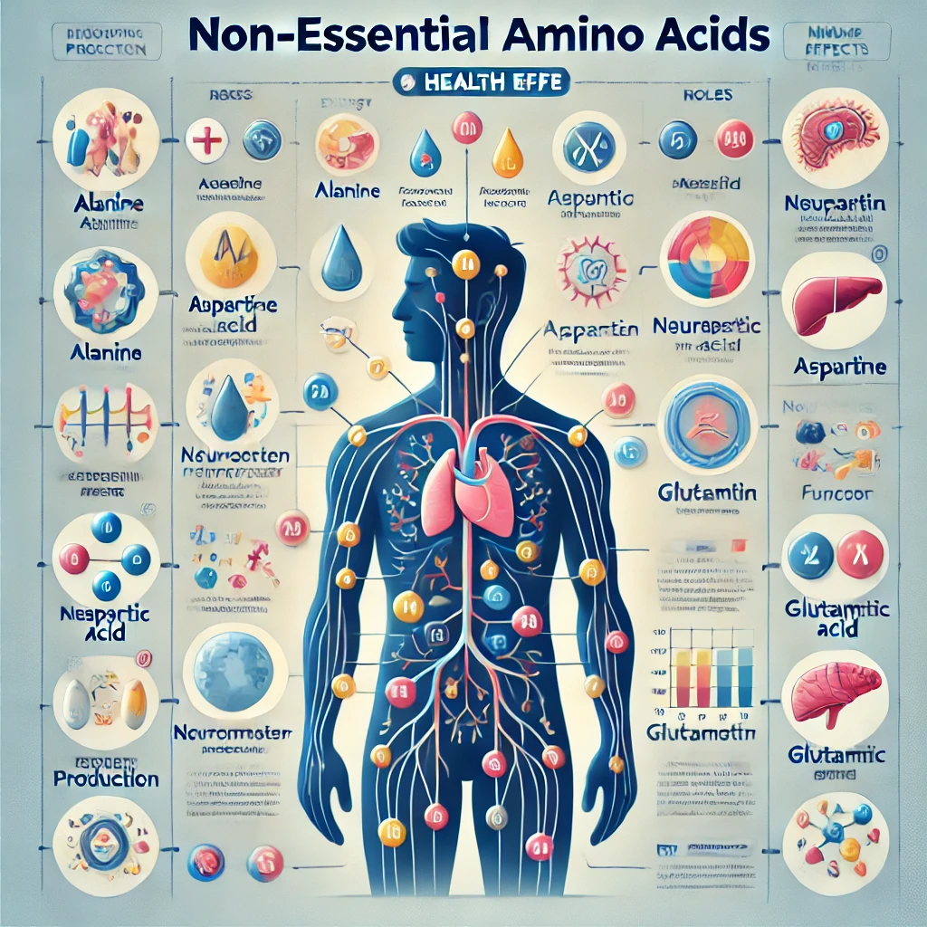 DALL·E 2024 08 07 15.36.37 An educational image illustrating the roles and health effects of non essential amino acids. The image should feature labeled sections for each amino