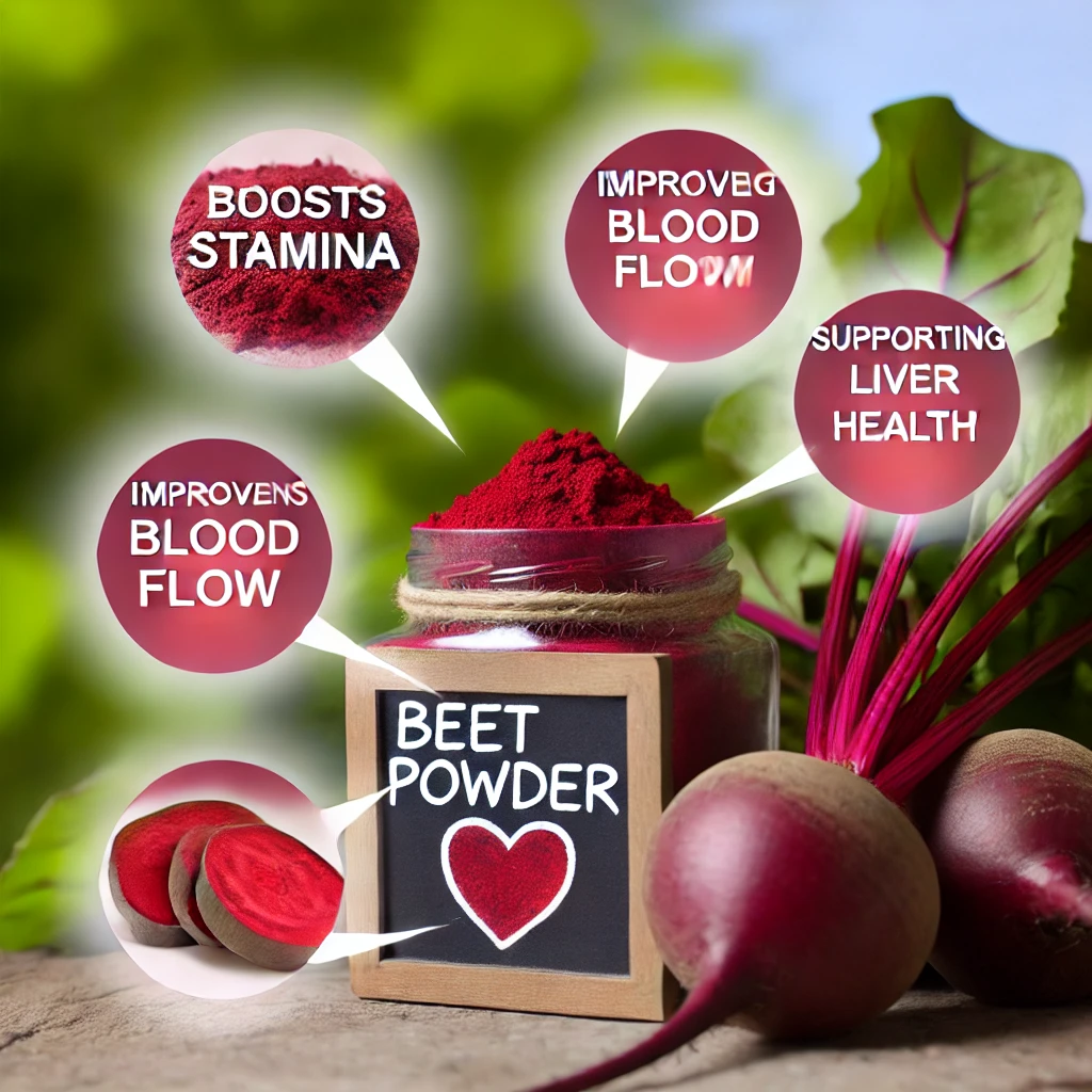 DALL·E 2024 08 07 15.39.14 An informative and artistic image showcasing the health benefits of beet powder. The image should include labeled sections that highlight key benefits