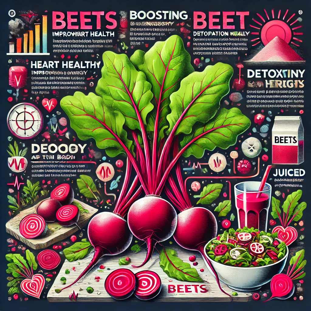 DALL·E 2024 08 07 15.43.14 An educational and artistic image showcasing the benefits and consumption methods of beets for a healthy lifestyle. The image should include labeled s