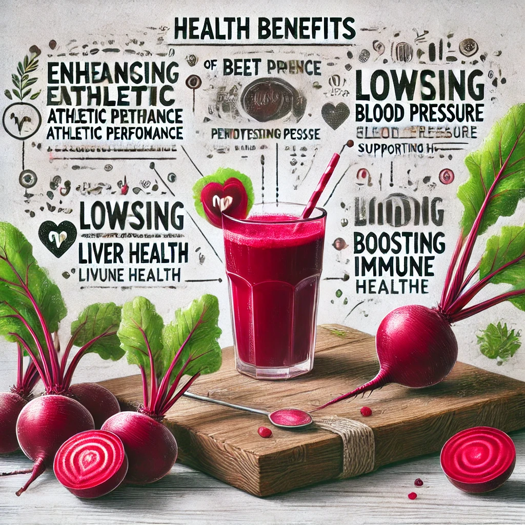 DALL·E 2024 08 07 15.48.00 An informative and artistic image showcasing the health benefits of beet juice. The image should include labeled sections highlighting key benefits su