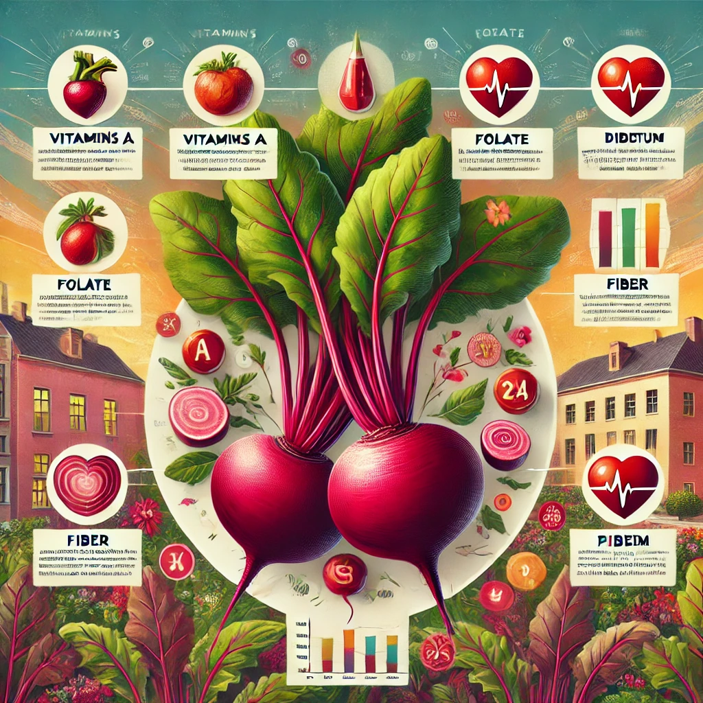 DALL·E 2024 08 07 15.49.27 An educational and artistic image showcasing the nutritional components of beets and their health benefits. The image should include labeled sections