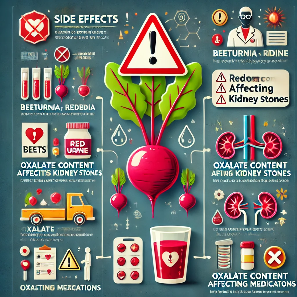 DALL·E 2024 08 07 15.51.48 An informative image illustrating the potential side effects and precautions when consuming beets. The image should include labeled sections highlight