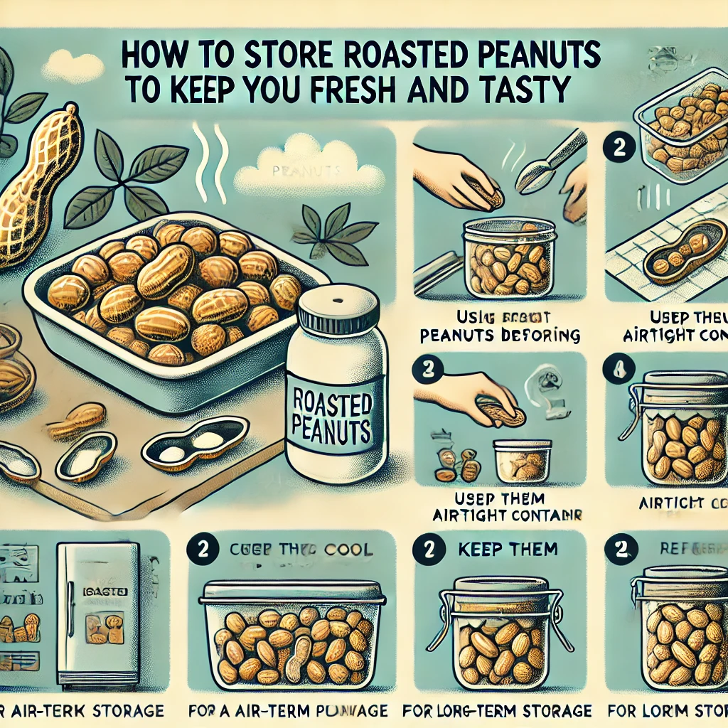 DALL·E 2024 08 07 15.53.25 An instructional image illustrating how to store roasted peanuts to keep them fresh and tasty. The image should show a step by step guide including c