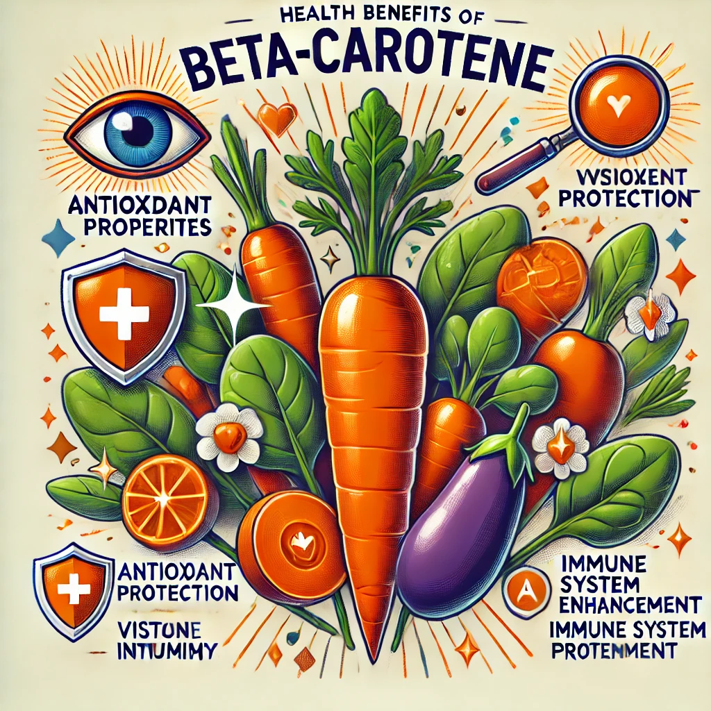 DALL·E 2024 08 08 14.15.58 An illustration showcasing the health benefits of beta carotene. The image should feature vibrant vegetables like carrots sweet potatoes and spinach