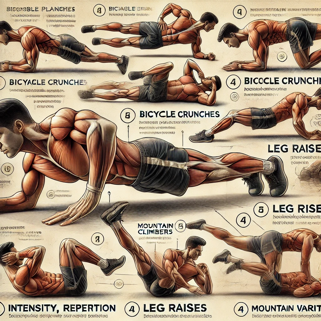 DALL·E 2024 08 10 15.58.54 A detailed fitness illustration showing the most effective exercises for developing visible abdominal muscles. The image includes different sections h