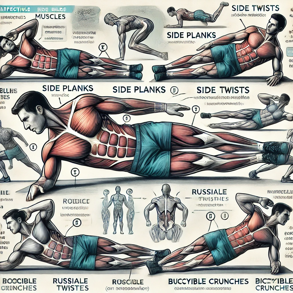 DALL·E 2024 08 10 15.59.58 A detailed fitness illustration focusing on the importance of the oblique muscles the side abdominal muscles and effective exercises to strengthen t