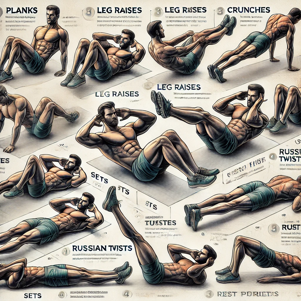 DALL·E 2024 08 10 16.02.46 A detailed fitness illustration showing a recommended set of abdominal exercises along with an effective workout routine. The image features