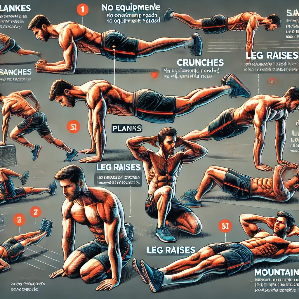 DALL·E 2024 08 10 16.08.04 A detailed fitness illustration showcasing the advantages and methods of bodyweight abdominal exercises. The image highlights exercises like planks c